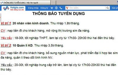 Một mẩu tuyển dụng nhân viên nạp card điện thoại trong hàng trăm tin tuyển dụng đăng trên các trang web khiến nhiều sinh viên sập bẫy việc làm.