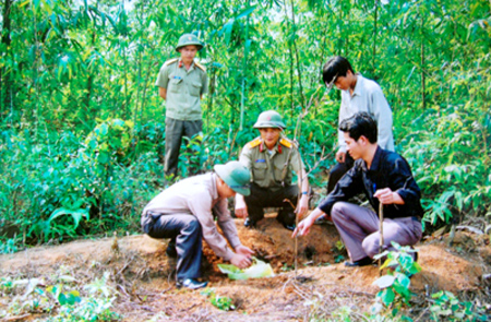 Lực lượng dân quân xã Nam Cường phối hợp với Ban CHQS thành phố tháo gỡ bom mìn còn sót lại trong chiến tranh tại thôn Đồng Phú, xã Nam Cường.