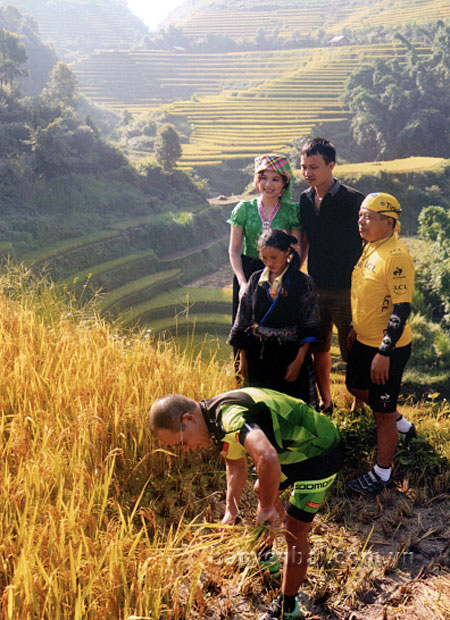 Khách du lịch trải nghiệm công việc gặt lúa trên ruộng bậc thang.