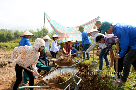 Người dân thị xã Nghĩa Lộ tham gia thi công đường vành đai suối Thia.
