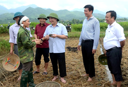 Đồng chí Phạm Duy Cường - Bí thư Tỉnh ủy trao đổi với cán bộ chính quyền cơ sở về công tác xây dựng nông thôn mới.