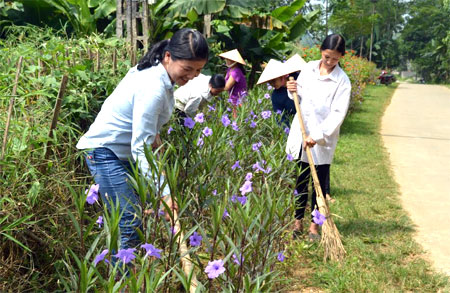 Chi hội Phụ nữ thôn Hiển Dương chăm sóc hoa ven đường tạo cảnh quan sạch đẹp.