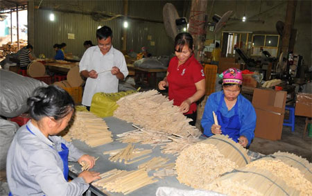Nhiều doanh nghiệp tại huyện Văn Chấn đầu tư máy móc hiện đại chế biến đũa xuất khẩu.