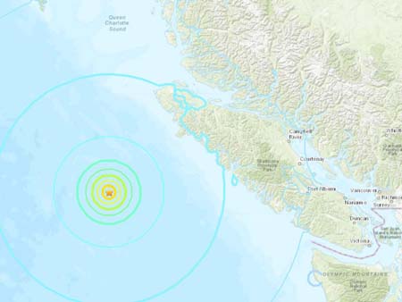 Sơ đồ vị trí khu vực xảy ra động đất mạnh làm rung chuyển tỉnh British Columbia ở cực Tây Canada.