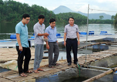 Cán bộ một số ngành của tỉnh, huyện Yên Bình kiểm tra cơ sở được hỗ trợ tiền đóng lồng nuôi cá trên hồ Thác Bà từ nguồn vốn tái cơ cấu ngành nông nghiệp.