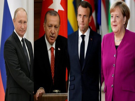 Từ trái qua: Tổng thống Nga Vladimir Putin, Tổng thống Thổ Nhĩ Kỳ Tayyip Erdogan, Tổng thống Pháp Emmanuel Macron, Thủ tướng Đức Angela Merkel.