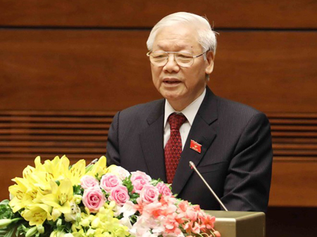 Chủ tịch nước Nguyễn Phú Trọng đang phát biểu trước Quốc hội sau lễ nhậm chức.