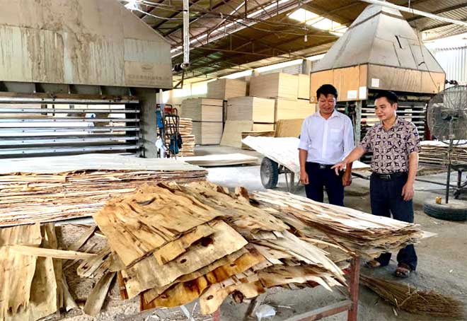 Cựu chiến binh Nguyễn Hải Vân (bên phải) giới thiệu về quy trình chế biến, sản xuất gỗ ván ép.