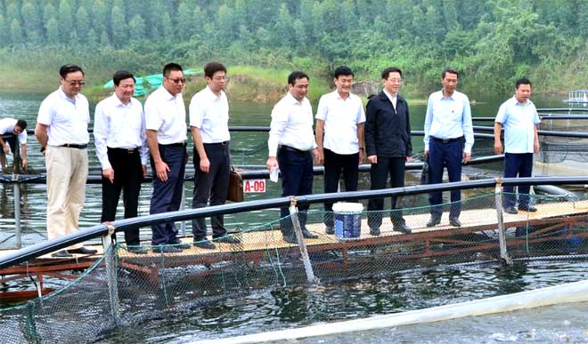 Huyện Yên Bình tăng cường xúc tiến đầu tư phát triển du lịch vùng hồ Thác Bà.  Ảnh: Đoàn công tác của tỉnh Vân Nam (Trung Quốc) tham quan mô hình nuôi cá lồng trên hồ Thác Bà.