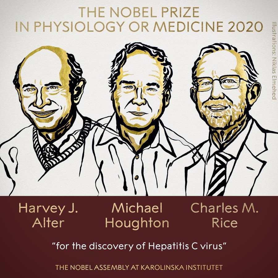 3 nhà khoa học Harvey J. alter, Michael Houghton và Charles M. Rice nhận giải Nobel Y học 2020. Ảnh: Nobel Prize.