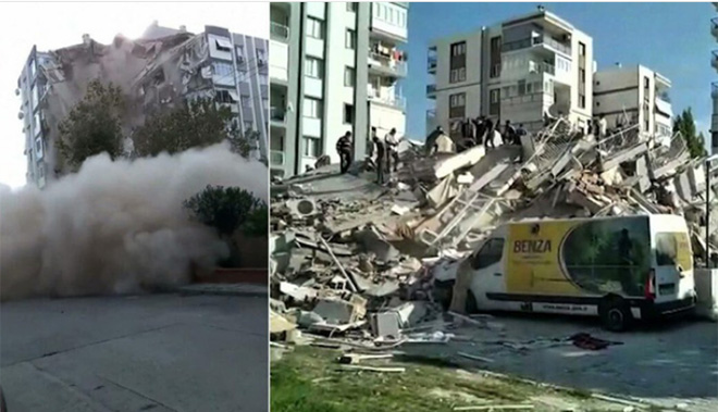 Đội cứu hộ đang làm việc tại một tòa nhà bị sập ở Thổ Nhĩ Kỳ.