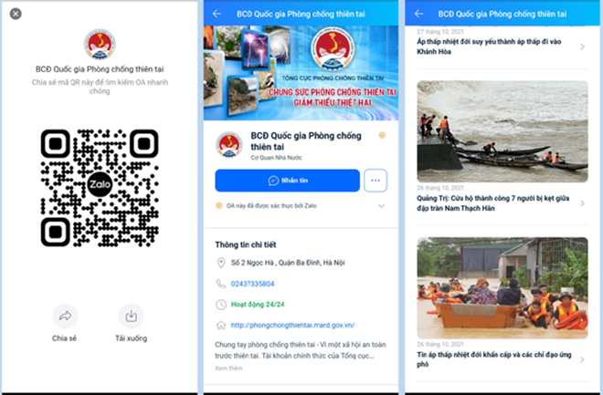 Người dân tìm (quét QR) và quan tâm trang Zalo “BCĐ Quốc gia Phòng chống thiên tai” để nhận thông tin chính thống, nhanh chóng (Ảnh chụp màn hình)