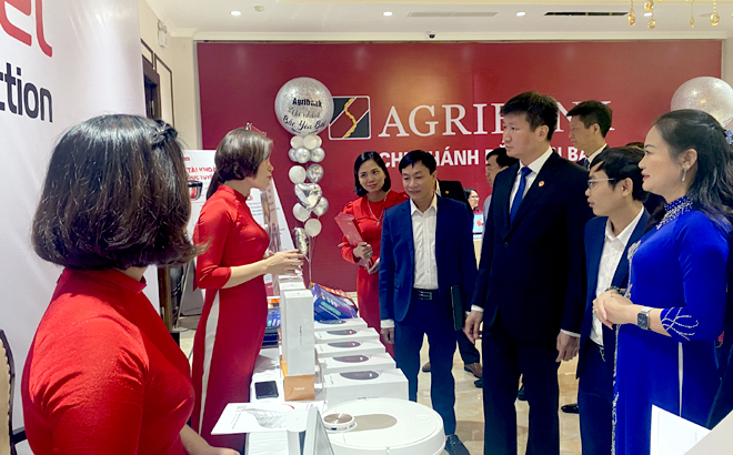 Chủ tịch UBDN tỉnh Trần Huy Tuấn và các đại biểu tham quan các gian hàng trưng bày của các doanh nghiệp.
