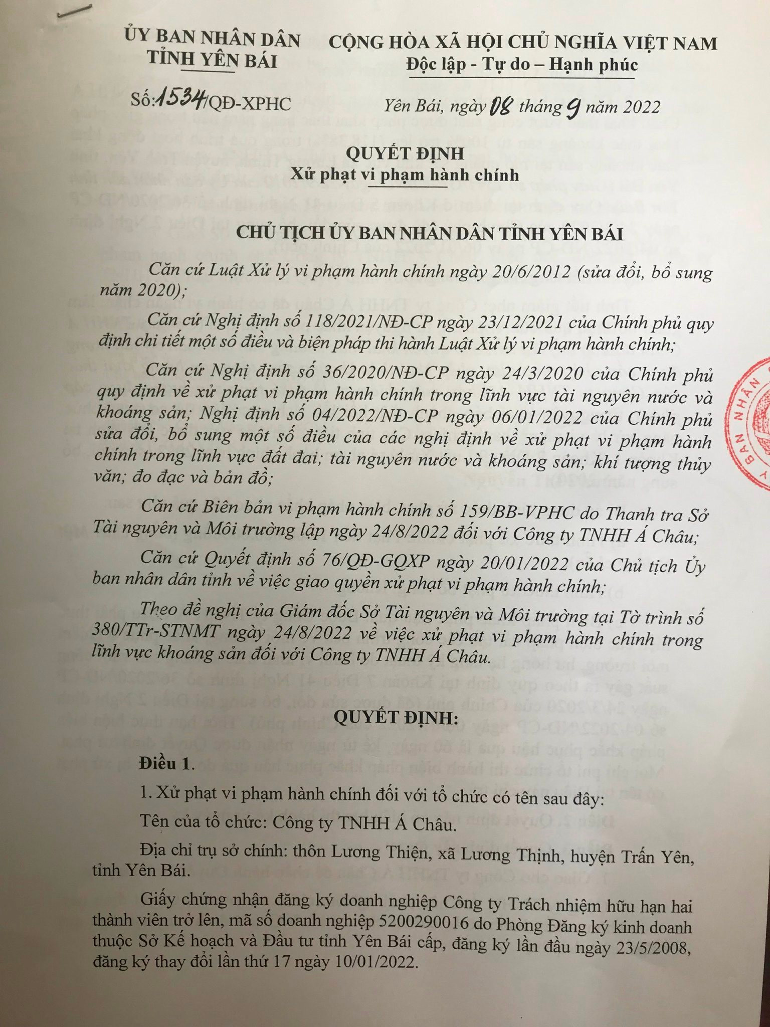 Công ty TNHH Á Châu bị xử phạt 1 tỷ đồng do khai thác vượt công suất