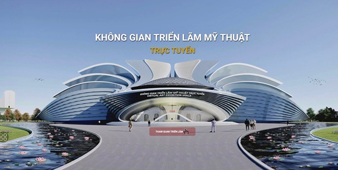 Không gian triển lãm trực tuyến gồm tòa kiến trúc hình hoa sen cách điệu.