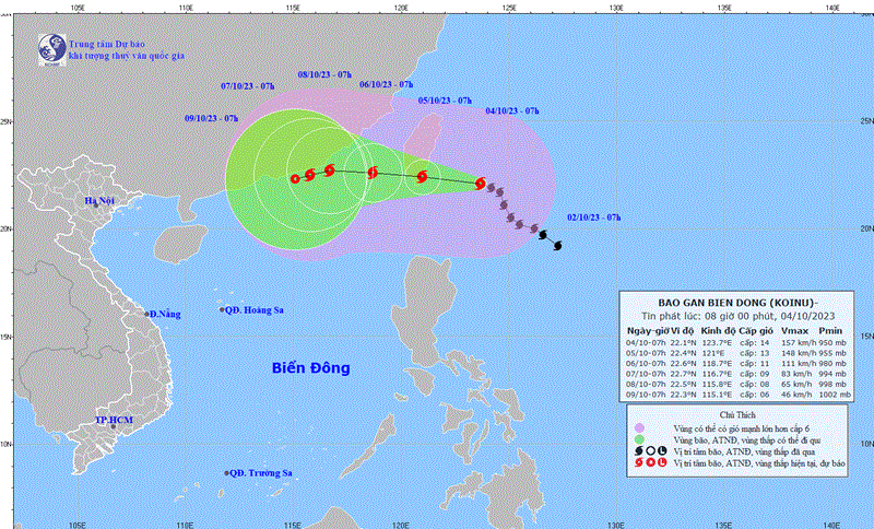 Dự báo hướng đi của bão KOINU (Ảnh: Trung tâm Dự báo khí tượng thủy văn Quốc gia).