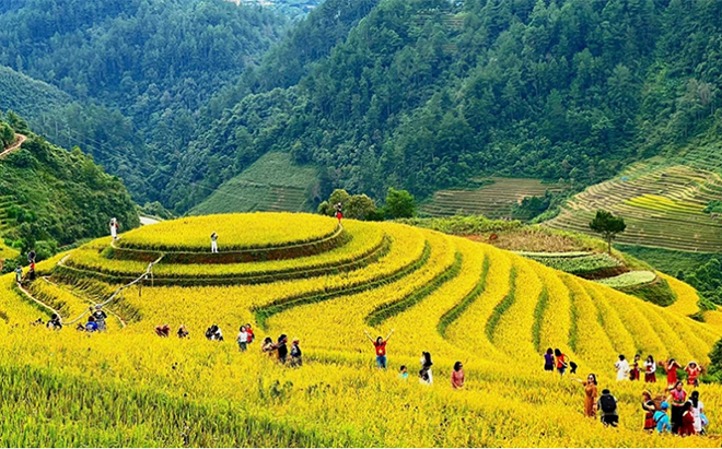 Du khách khám phá vẻ đẹp của ruộng bậc thang tại xã La Pán Tẩn, huyện Mù Cang Chải (Yên Bái).