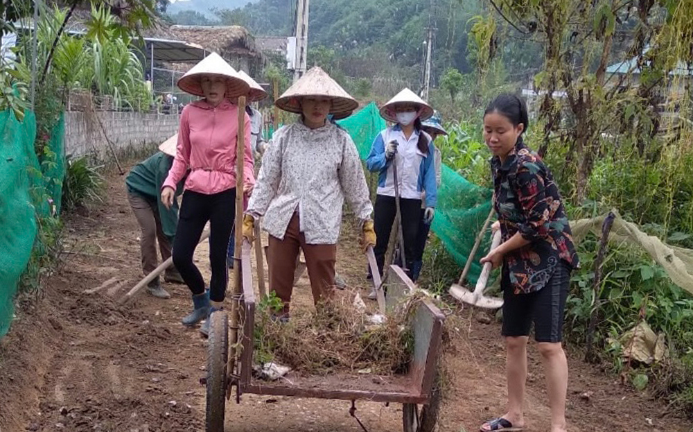 Phụ nữ xã Tô Mậu tham gia vệ sinh các tuyến đường giao thông nông thôn trên địa bàn.