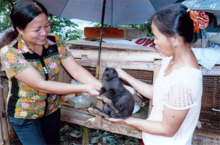 Chị Nguyễn Thị Dung (bên phải) thôn Hồng Thái chia sẻ kinh nghiệm nuôi thỏ với Bí thư Chi bộ Lê Thị Sơn.
