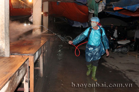 Cán bộ thú y phun thuốc tiêu độc khử trùng tại chợ Nghĩa Lộ.