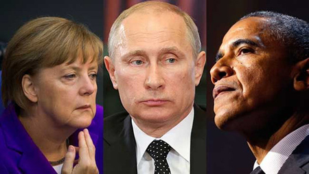 Top 3 nhân vật quyền lực nhất thế giới trong năm 2015 (từ trái sang): Angela Merkel, Vladimir Putin và Barack Obama