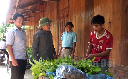 Đồng chí Cao Văn Khải - Phó Bí thư Huyện ủy (thứ hai từ trái sang) trao đổi với nông dân về triển khai kế hoạch trồng rừng năm 2016.