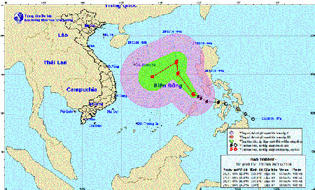 Vị trí và đường đi của bão. (Nguồn: Trung tâm Dự báo Khí tượng Thủy văn Trung ương)