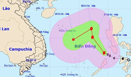 Hướng đi của bão số 9 theo dự báo của Trung tâm dự báo khí tượng thủy văn Trung ương.