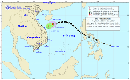 Dự báo hướng đi của bão số 13 sau khi suy yếu thành áp thấp
nhiệt đới.