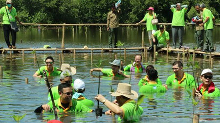 Các đại biểu tham gia trồng cây tại rừng ngập mặn Nam Jakarta, Indonesia.