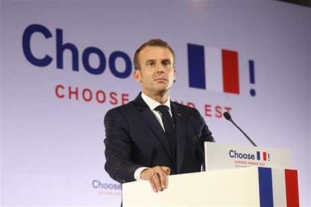 Tổng thống Pháp Emmanuel Macron phát biểu tại một sự kiện ở Pont-a-Mousson, Đông Bắc nước Pháp.