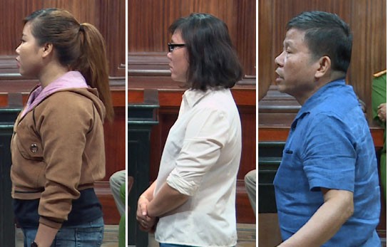 Các bị cáo Nguyễn Thị Ánh,  Trần Thị Nhài, Châu Văn Khảm tại tòa (từ trái qua phải)