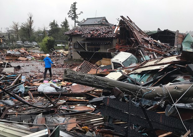 Nhà cửa bị phá hủy sau siêu bão Hagibis tại Ichihara, tỉnh Chiba, Nhật Bản, ngày 12/10/2019.