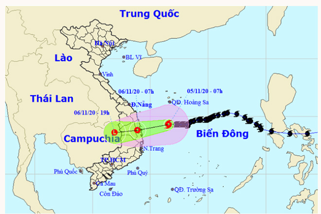 Đường đi của bão Goni theo dự báo của Trung tâm Dự báo Khí tượng Thủy văn Quốc gia trưa 5/11.
