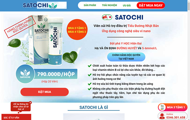 Sản phẩm thực phẩm bảo vệ sức khỏe Satochi đang được quảng cáo trên website http://satochi-hangchinhhang.com