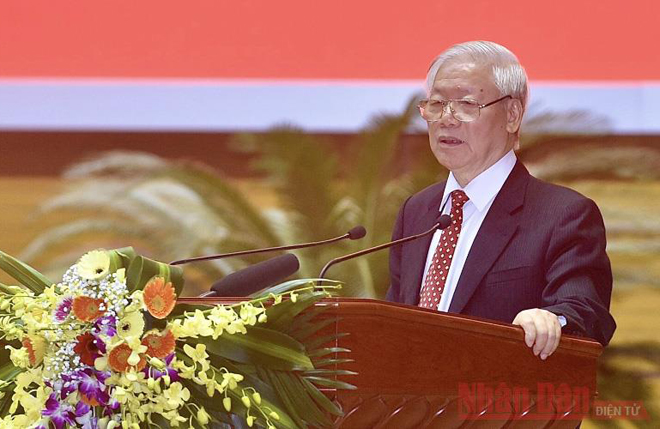 Tổng Bí thư, Chủ tịch nước Nguyễn Phú Trọng phát biểu tại Hội nghị cán bộ toàn quốc tổng kết công tác tổ chức Đại hội đảng bộ các cấp nhiệm kỳ 2020 - 2025