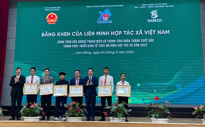 Lục Vân Anh (thứ tư bên trái sang) nhận bằng khen của Liên minh Hợp tác xã Việt Nam dành tặng các gương thanh niên có thành tích hoàn thành xuất sắc trong phát triển kinh tế theo mô hình hợp tác xã năm 2022.