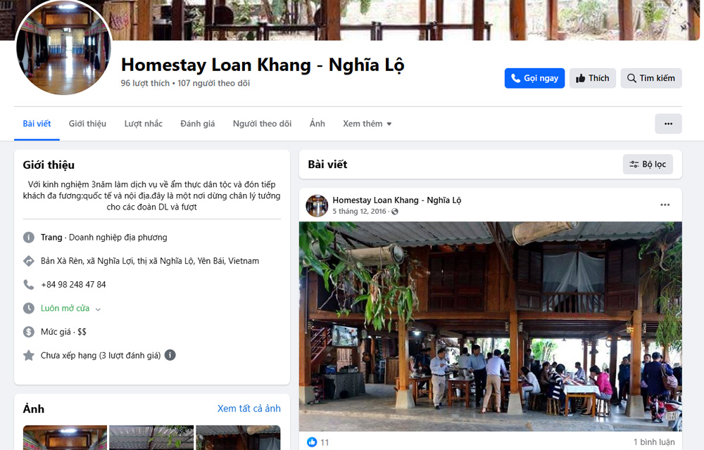 Trang Fanpage của Homestay Loan Khang, xã Nghĩa Lợi, thị xã Nghĩa Lộ giúp du khách thuận tiện hơn trong tìm kiếm thông tin, lựa chọn dịch vụ.