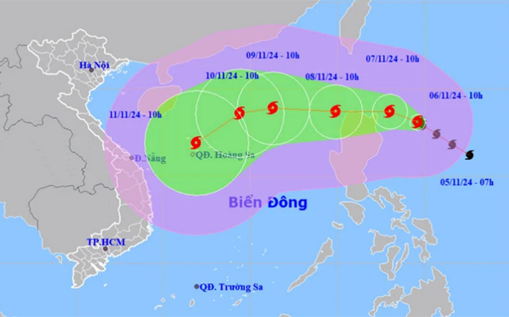 Vị trí và hướng di chuyển của bão Yinxing.