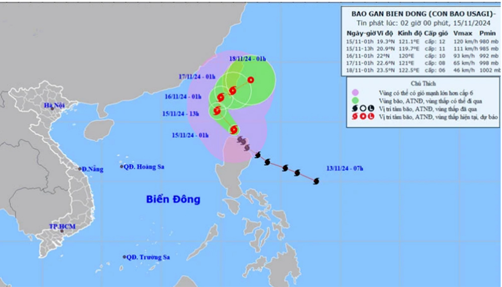 Vị trí và hướng di chuyển của bão Usagi.