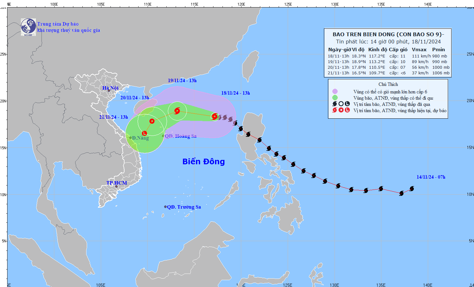 Hướng di chuyển của bão số 9 lúc 13h ngày 18/11.