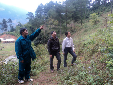 Phó chủ tịch xã Bản Công (Trạm Tấu) Hoàng Minh Thuật (đứng giữa) cùng cán bộ xã kiểm tra diện tích rừng tái sính.