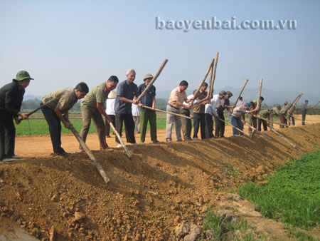 Hội viên cựu chiến binh xã Tuy Lộc tích cực tham gia xây dựng đường giao thông nông thôn.