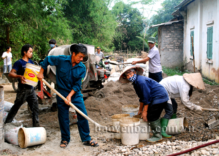 Hội viên cựu chiến binh xã Tuy Lộc cùng nhân dân tham gia làm đường giao thông nông thôn.