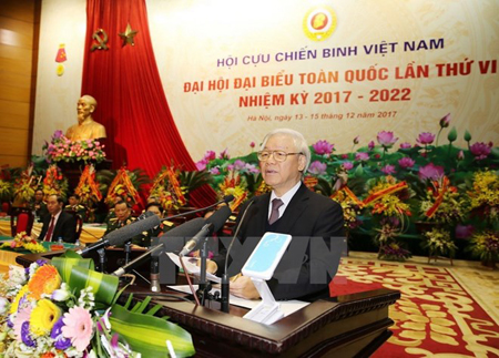 Tổng Bí thư Nguyễn Phú Trọng, Bí thư Quân ủy Trung ương phát biểu tại Đại hội Đại biểu toàn quốc Hội Cựu chiến binh Việt Nam.