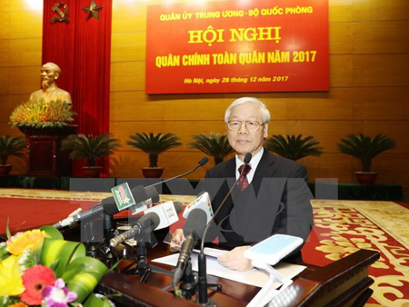 Tổng Bí thư Nguyễn Phú Trọng, Bí thư Quân ủy Trung ương phát biểu chỉ đạo Hội nghị.