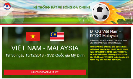 Giao diện website bán vé chính thức trận chung kết lượt về AFF Cup 2018 giữa ĐT Việt Nam - ĐT Malaysia của LĐBĐVN.
