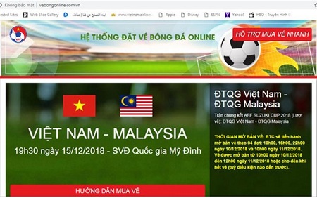 Ảnh chụp màn hình website giả mạo bán vé trận Việt Nam - Malaysia