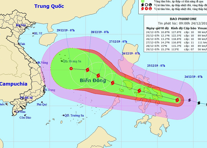 Dự báo vị trí và đường đi của bão PHANFONE.