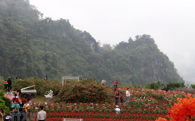 Du khách thăm quan các địa điểm du lịch tại Bình nguyên xanh Khai Trung, xã Khai Trung, huyện Lục Yên.